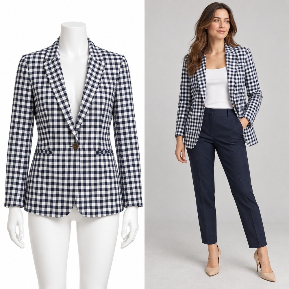 J.Crew Holland Blazer Women 2 Blue White Gingham Linen Cotton One Button Preppy